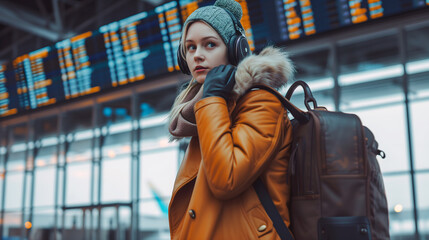 Obraz premium Portrait of a girl with flight information boards in the background