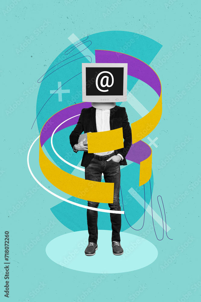 Poster composite collage image of computer monitor instead head man virtual communication email send letter