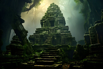 Alter, verwitterter Aztekentempel im Dschungel, Tempelanlage, erstellt mit generativer KI - 718072207