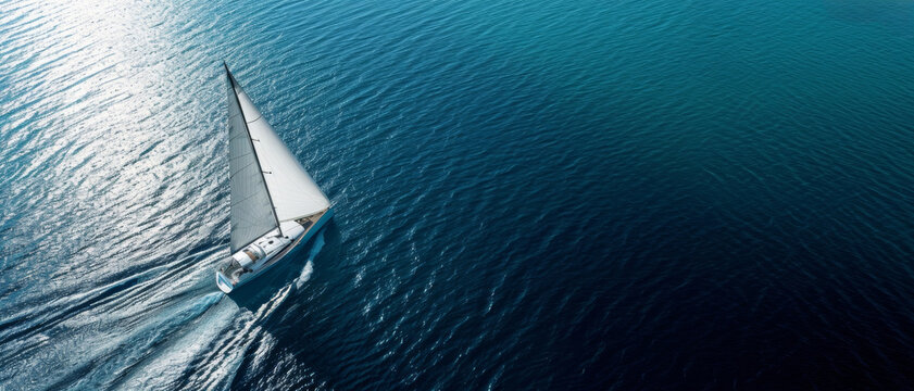 Aerial view of a lone sailboat cruising the serene blue ocean, its sail full with the wind, symbolizing freedom and adventure