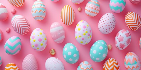 Fototapeta na wymiar painted Easter eggs on a pastel pink background, banner