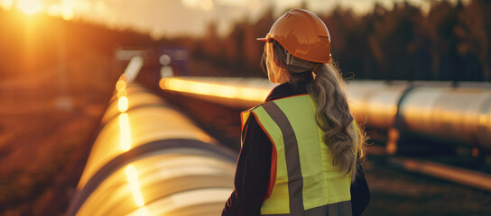 An engineer surveys a pipeline at sunset, her reflective safety vest and hardhat a testament to industry and safety - obrazy, fototapety, plakaty