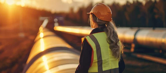 Fotobehang An engineer surveys a pipeline at sunset, her reflective safety vest and hardhat a testament to industry and safety © Ai Studio