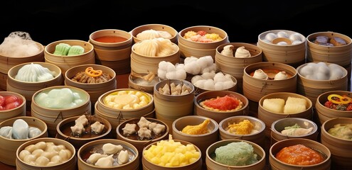 Fototapeta premium Various kinds of dim sum in containers made of bamboo. generative AI