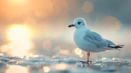 AI-generated illustration of a seagull standing on a sandy beach near the water