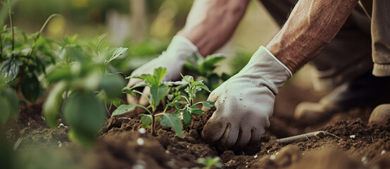 In the warmth of golden hour, a dedicated gardener tends to young plants, nurturing growth with a gentle touch