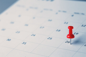 Embroidered red pins on a calendar event Planner calendar,clock to set timetable organize...