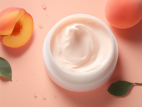 Face cream with peach on a pach fuzz background. Color of the 2024 year, natural balm and body cream.