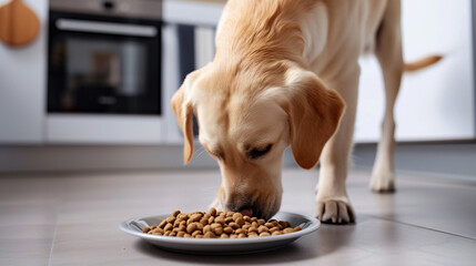 A dog eats cat food from a plate