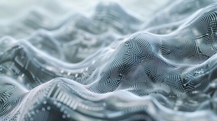 An abstract concept of artificial intelligence, with silk waves in robotic greys and electric blues, forming circuit-like patterns.
