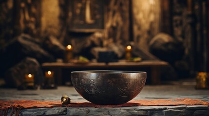 Antique singing bowl on a rustic table, creating a serene meditation space - obrazy, fototapety, plakaty