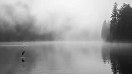 Foto op Plexiglas A crane on a lake in the forest in dense fog, black and white image © frimufilms