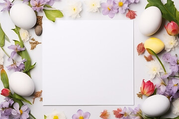 Naklejka na ściany i meble Kreatives flaches Ostergelege/Frühlingsgelege mit Blumen und einem weißem, leern Blatt Papier