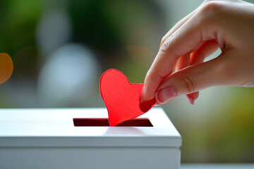 Female hand put red paper heart into slot of white box. Charity, donation, election, fundraising, help, love, gratitude concept - obrazy, fototapety, plakaty