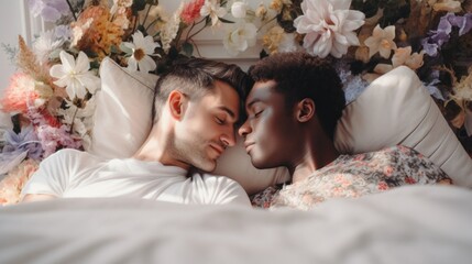Top view of a multiethnic gay couple with their eyes closed, lying in bed surrounded by flowers early in the morning. Love and happiness, Valentine's day concepts.