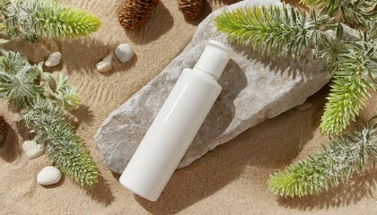 Unlabeled cosmetic bottle leaning on a stone decorated with green trees and gravels. Cosmetic product promotion, desert bohemian tropical cactus