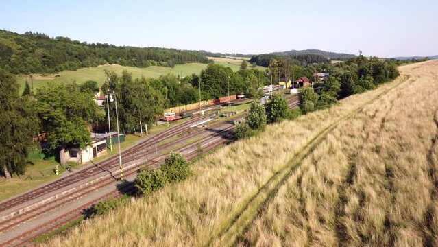 Třemešná ve Slezskuk, Osoblaha, Czech Republic -The Sight of a Narrow-gauge Railway - Drone Flying Forward
