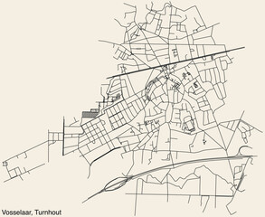 Fototapeta na wymiar Detailed hand-drawn navigational urban street roads map of the VOSSELAAR COMMUNE of the Belgian municipality of TURNHOUT, Belgium with vivid road lines and name tag on solid background