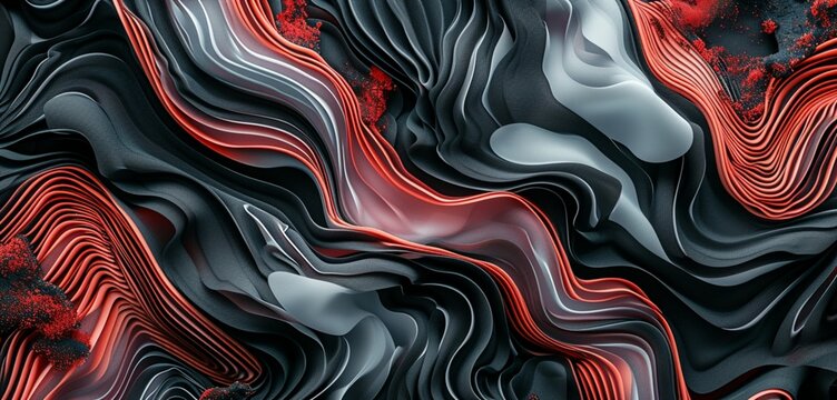 Silk waves depicting a high-tech fitness tracker, in sporty blacks and reds, with dynamic, health-focused patterns.