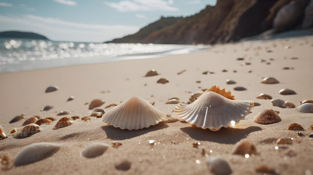 Summer concept with sandy beach, shells. as summer background.  AI generated image, ai