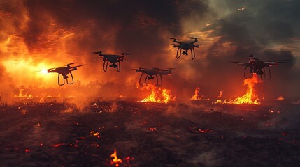 Modern drones flying over burning battle fields. Drones and flames. Future wars.