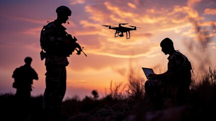 Fototapeta na wymiar Silhouette of the soldier drone operators on the battlefield. Modern war concept.