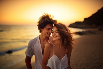 Fototapeta na wymiar Romantic Couple Embracing on Beach at Sunset