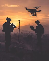 Fototapeta na wymiar Silhouette of the soldier drone operators on the battlefield. Modern war concept.