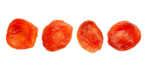 Several pieces of dried apricots lying in a row, isolated on a transparent background.