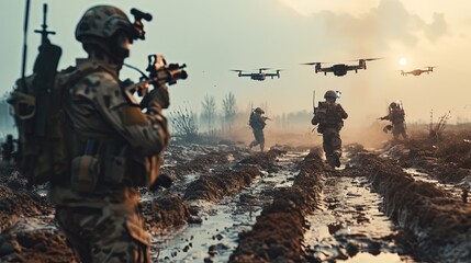 Modern soldiers operations during warfare. Drone operators on the battlefields. Modern war. - obrazy, fototapety, plakaty