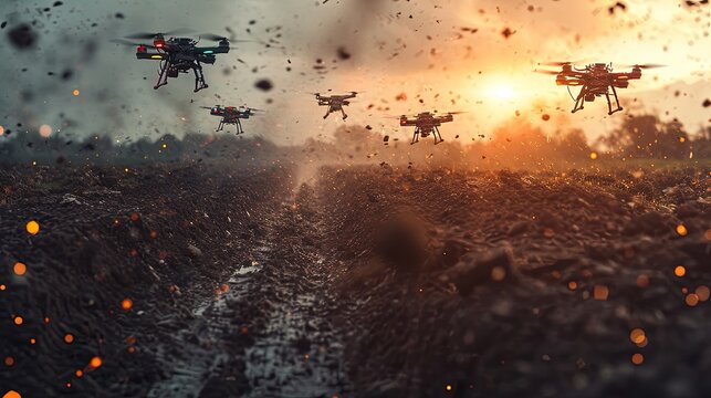 Drones on the battle field. Drone swarm flying over heads of the soldiers. Drone operations.
