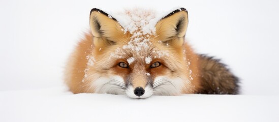 A captive Red Fox (Vulpes vulpes) sits motionless in the snow, its head cocked to one side, curious and observant of its surroundings.
