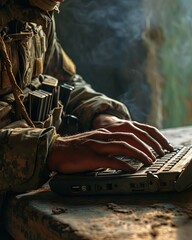 Hands of the soldier operating laptop. Military and IT. War operations. War on current state. War news.