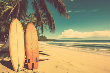 Surfboard on tropical beach background. Vintage tone color style. Generative ai