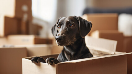 Cute friendly black dog labrador patiently sits in a cardboard box amidst moving chaos. Concept of moving services related to pet relocation, moving day, anticipation of a new home. Close-up view