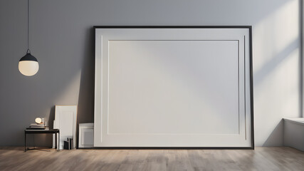  Artifical Intelligence generated image of interior with empty frame.   Blank picture frame hanging on wall, AI generated image