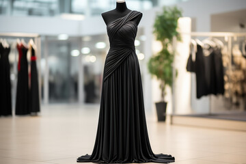 Elegant evening black long women's dress on a mannequin in a fashion studio. Generated by artificial intelligence - obrazy, fototapety, plakaty