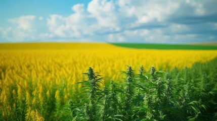 Hemp field in the front of picture and rapeseed field behind it