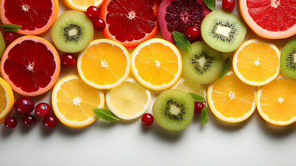Color fruit and vegetable slices on white copy space background
