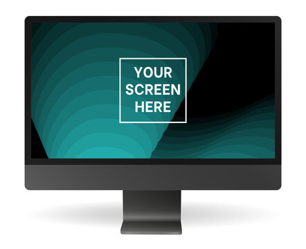 Black computer monitor. Display mockup. Green and black modern abstract background with gradient waves. Your screen here