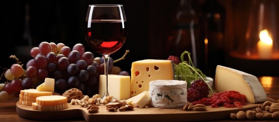 On the wooden table, a red wine glass glimmered elegantly, next to a selection of cheese blocks, tempting anyone nearby with their array of flavors.