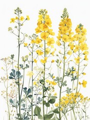Lush rapeseed with lots of flowers, white background