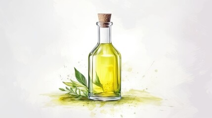 Transparent Glass Olive Oil Bottle Filled With Golden Liquid on White Background