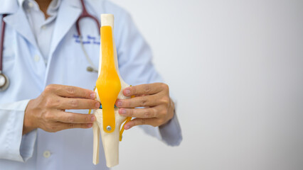 A orthopedic surgeon in white uniform demonstrating treatment of human cruciate ligament injury in medical teaching style about knee joint with white background - obrazy, fototapety, plakaty