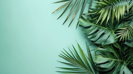 Top view of palm leaves in a green pastel backdrop with a big empty space inside of it for product advertisement, Generative AI. - obrazy, fototapety, plakaty