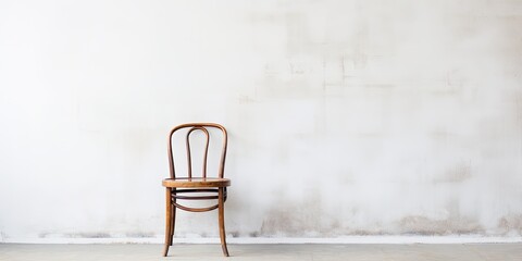 Vintage wooden chair by white wall.