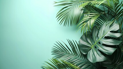 Top view of palm leaves in a green pastel backdrop with a big empty space inside of it for product advertisement, Generative AI.
