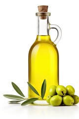Transparent Glass Olive Oil Bottle Filled With Golden Liquid on White Background