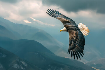 Show an eagle soaring gracefully high in the sky - with a breathtaking panoramic view of mountains below. 