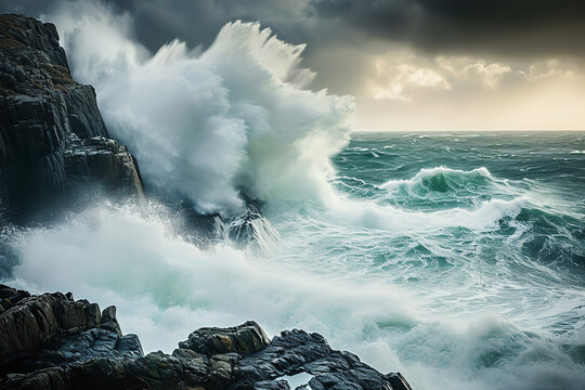 Visualize a stormy ocean scene where massive waves crash against a rugged coastline.